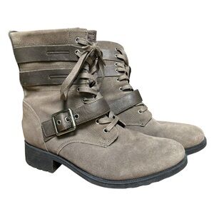UGG Waterproof Suede Moto Combat Boots 9.5 Taupe Chunky Lace Up Buckle Lug Sole
